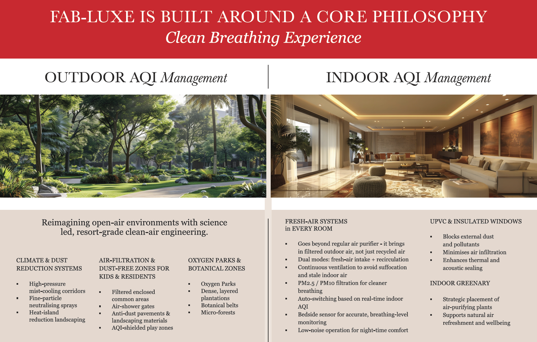 AQI management brochure page showing outdoor and indoor air quality management systems