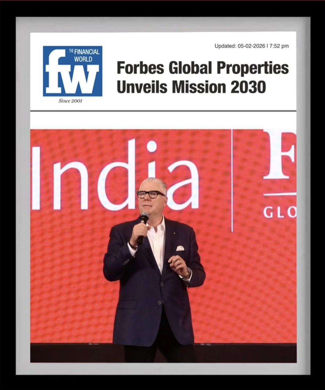 Financial World news clipping covering Forbes Global Properties Mission 2030 announcement