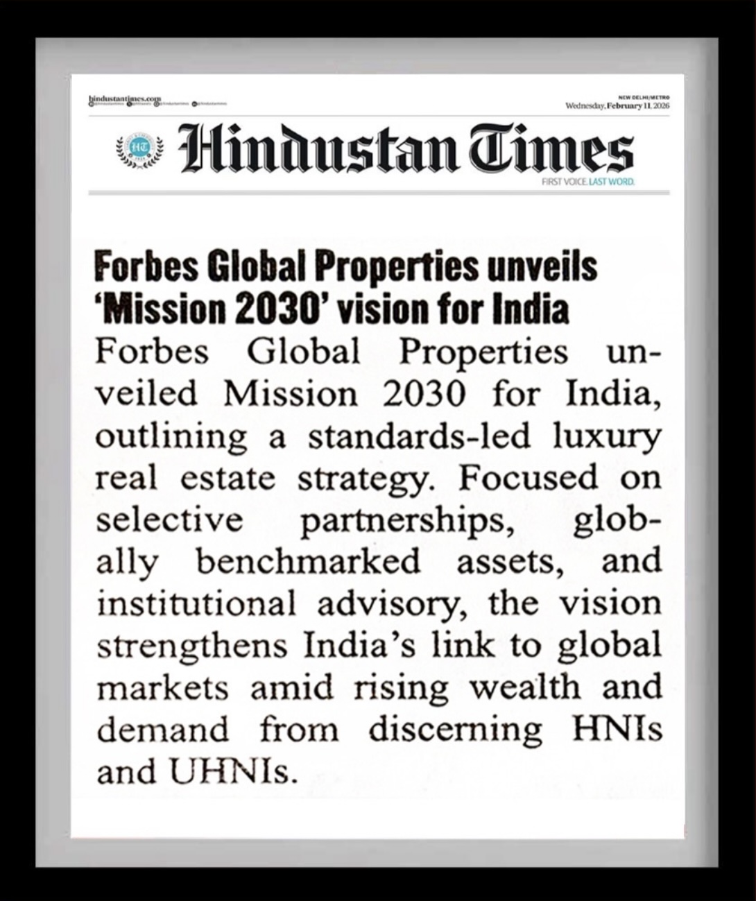 Hindustan Times article covering Forbes Global Properties Mission 2030 strategic vision