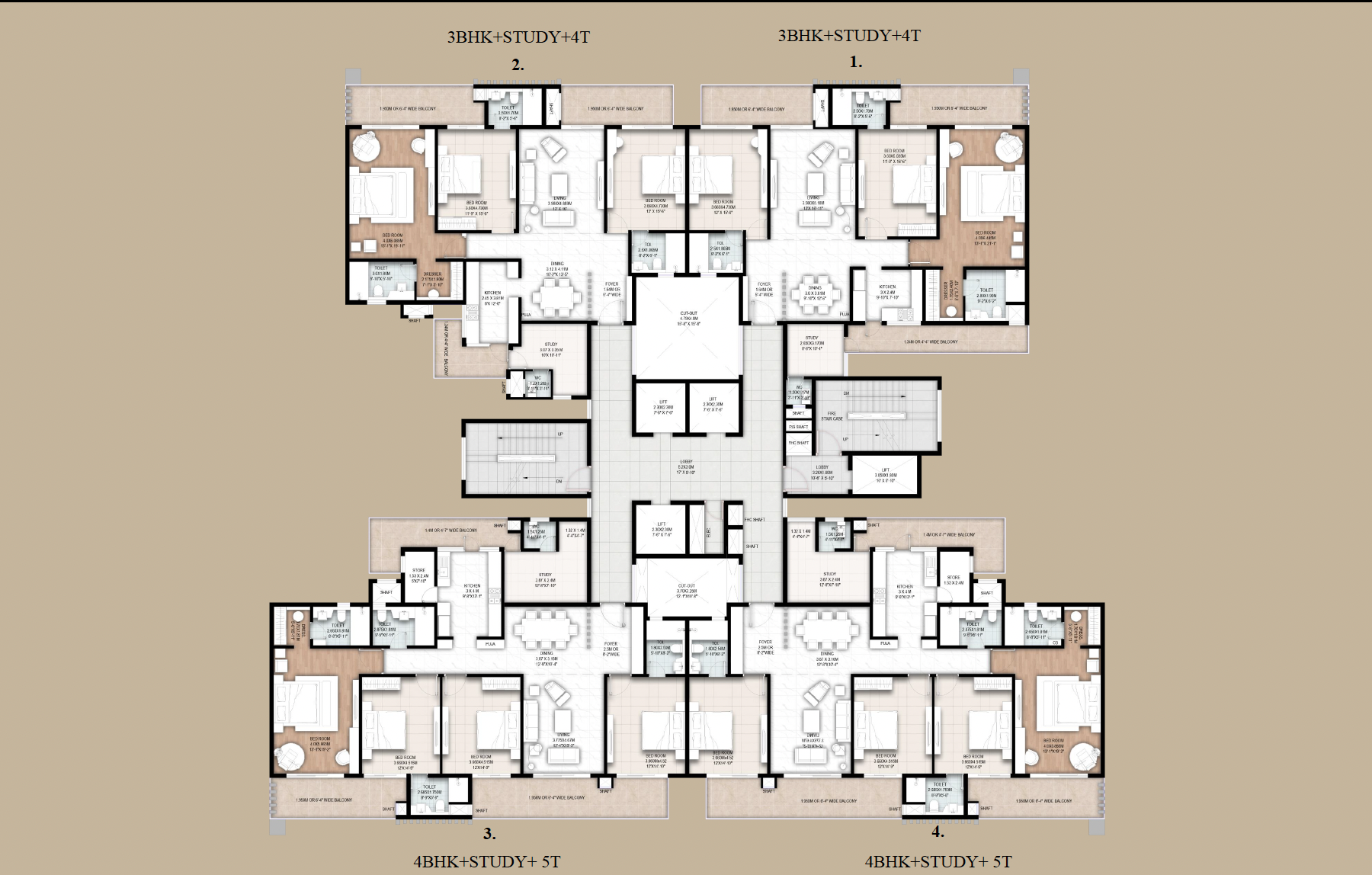Cluster floor plan showing 4 apartment units per floor layout