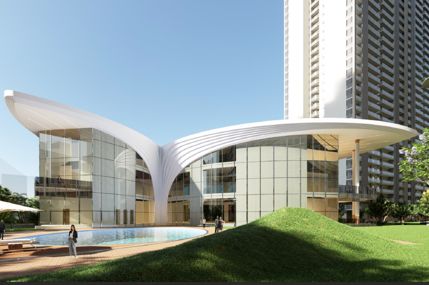 Clubhouse exterior with glass facade at Forbes Fab Luxe Residences