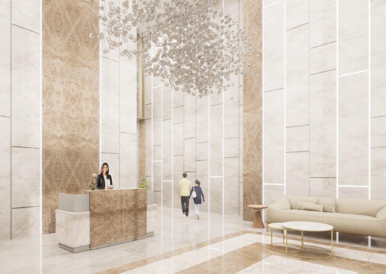 Lobby lounge at Forbes Fab Luxe Residences with marble and gold walls