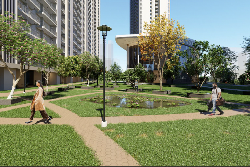 Garden pathway with lampposts at Forbes Fab Luxe Residences