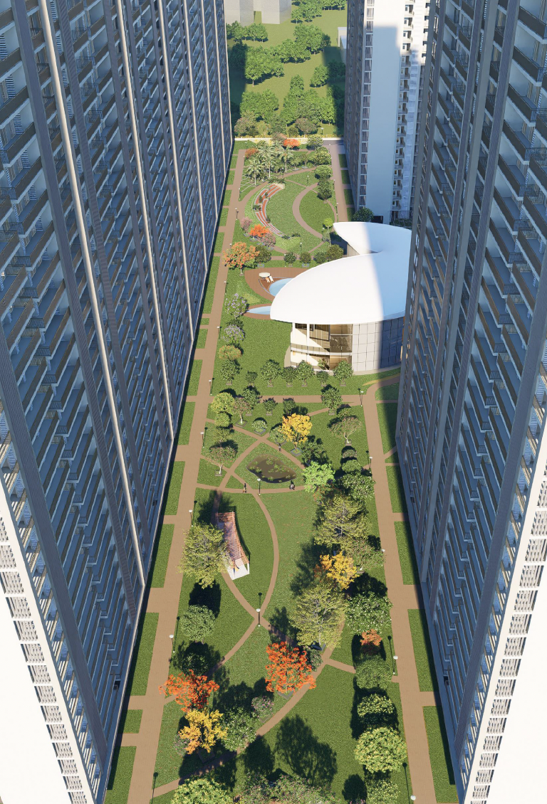 Aerial view of central landscaped corridor between towers