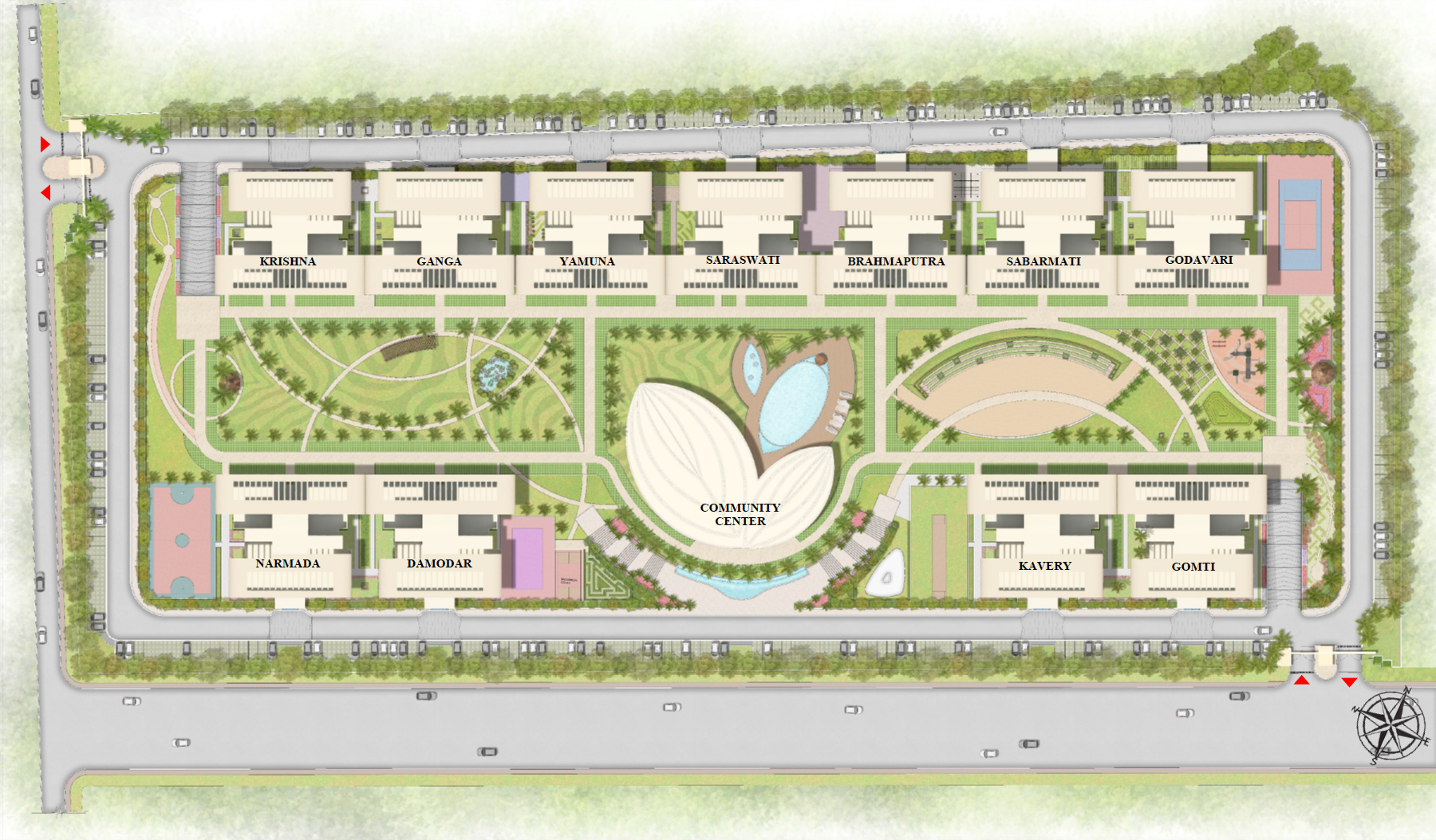 Master plan with all 11 tower names labeled -- Krishna, Ganga, Yamuna, Lakawati, Brahmaputra, Saraswati, Godavari, Narmada, Hamodar, Kavery, Gomti