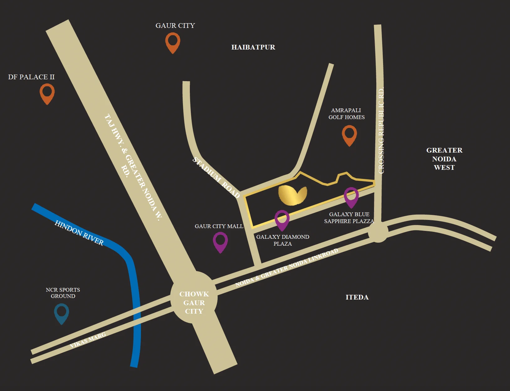 Location map on dark background showing Forbes Fab Luxe Residences with nearby landmarks, roads, metro stations, hospitals, and schools marked