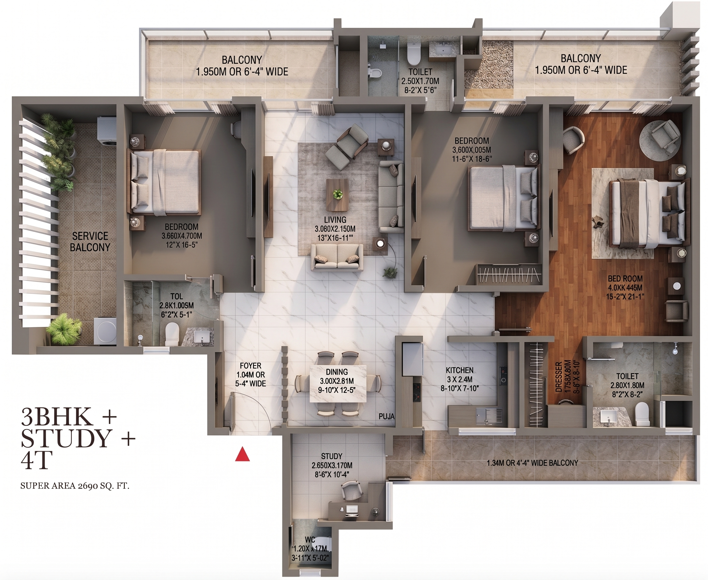 3 BHK Type 1 detailed 2D floor plan showing room dimensions, 2690 sq ft