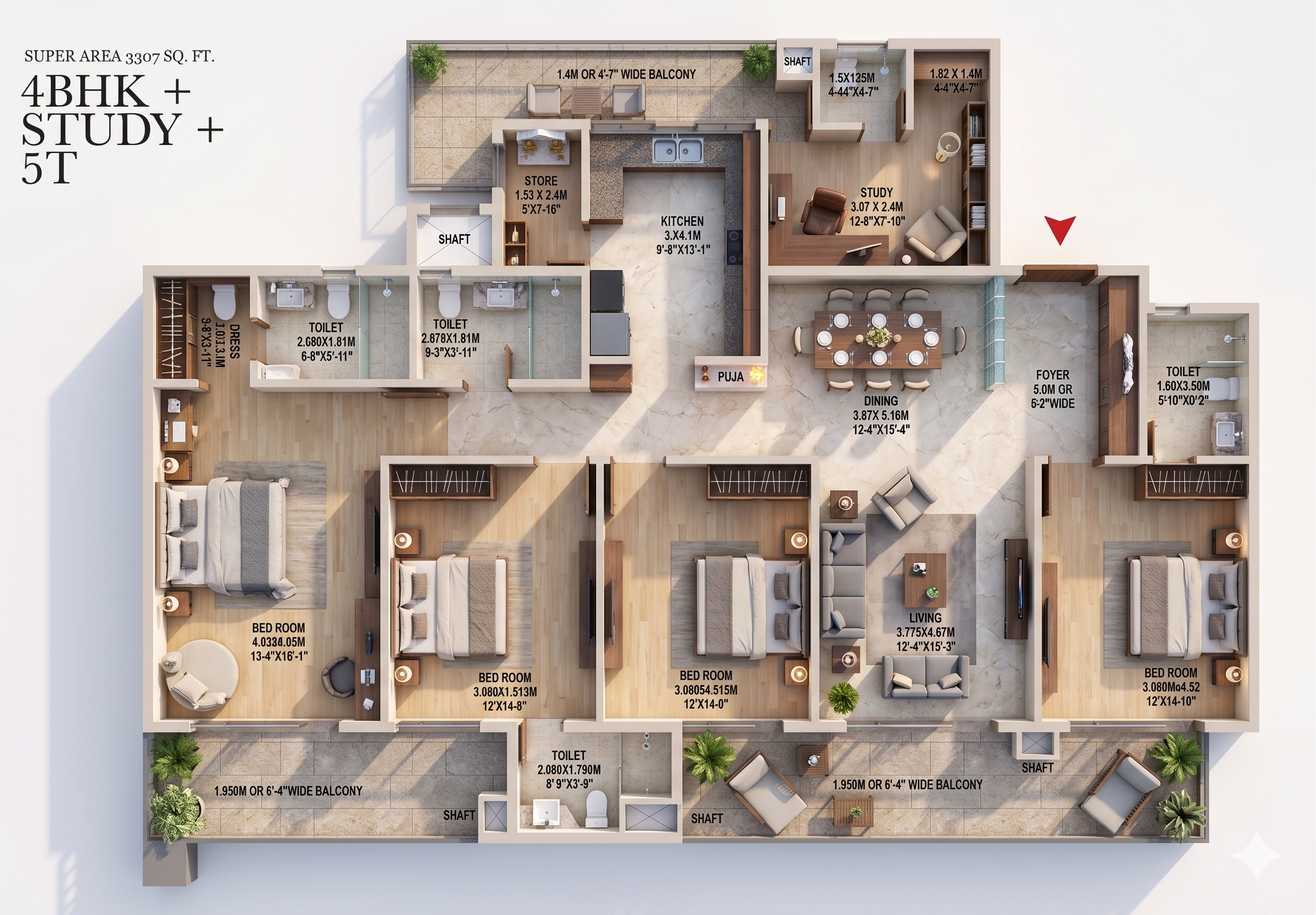 4 BHK + Study detailed 2D floor plan showing room dimensions, 3307 sq ft
